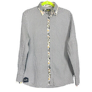 Banana Lemon Button Up Shirt Mens Gray and Black Geometric Floral Casual Preppy
